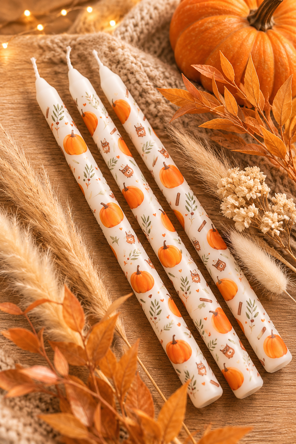 PRÉ-COMMANDE LOT DE 3 BOUGIES EFFILÉES MOTIF CITROUILLE