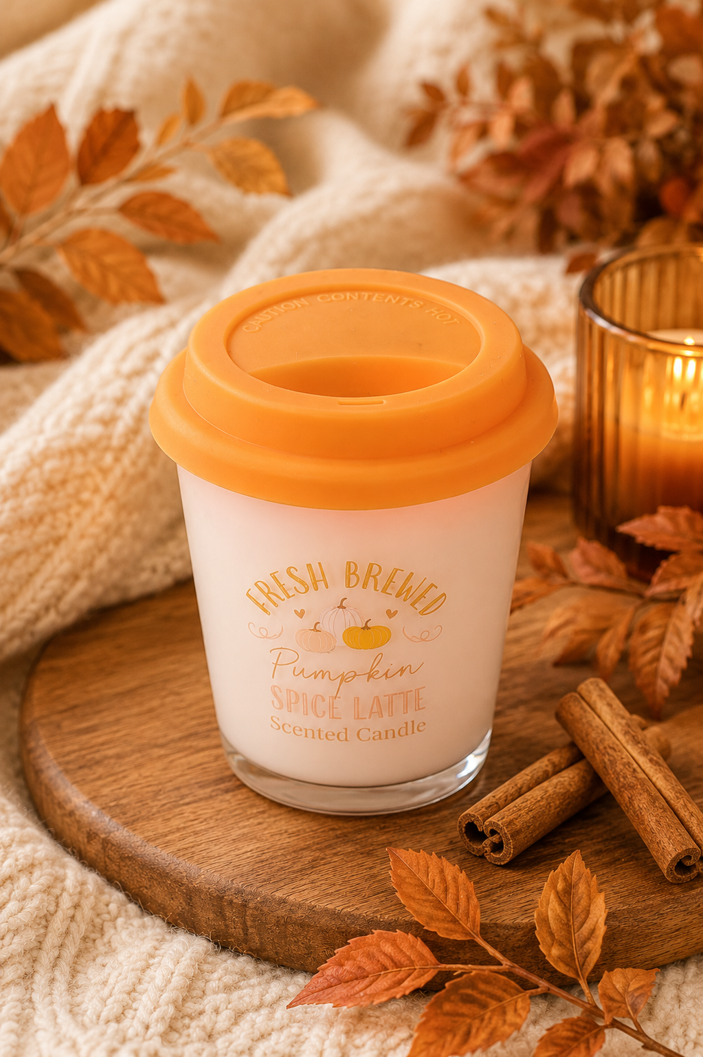 PRÉ-COMMANDE BOUGIE AVEC COUVERCLE AU PARFUM DE LATTE À LA CITROUILLE ET AUX ÉPICES