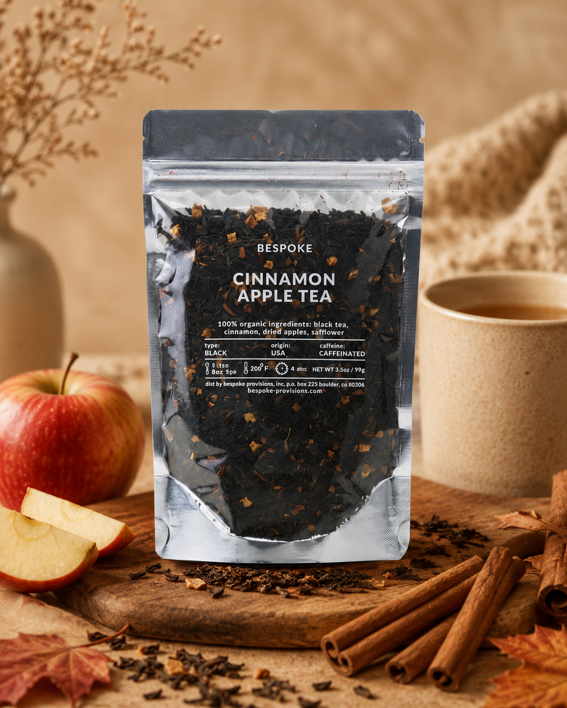 PRÉ-COMMANDE THÉ NOIR À LA CANNELLE ET À LA POMME – FEUILLES EN VRAC BIOLOGIQUES PREMIUM 100 G